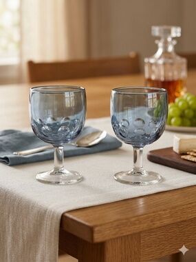 Vintage Bartlett Collins Blue Iridescent Thumbprint Goblets — Set of 2